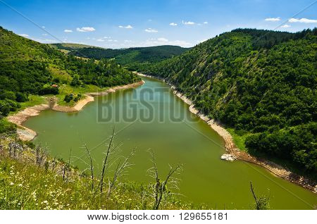 Camping area at river Uvac gorge at sunny summer morning, southwest Serbia