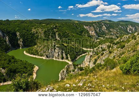 Meanders at rocky river Uvac gorge on sunny morning, southwest Serbia