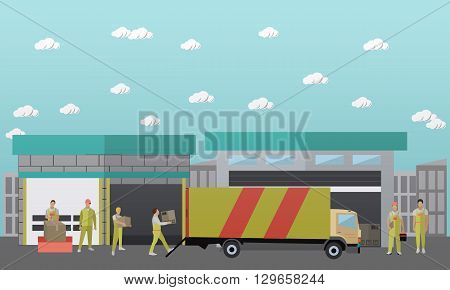 Logistic and delivery service concept banner. Warehouse. Vector illustration in flat style design.
