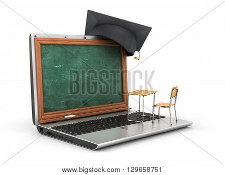Webinar concept. Schooldesk and chalkboard on the laptop keyboard. 3d illustration