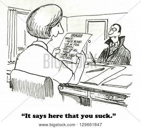 Business cartoon about a job interview and an honest resume.