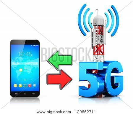 3D render illustration of modern touchscreen smartphone and mobile base station or TV transmitter antenna pylon with 5G sign symbol or logo isolated on white background