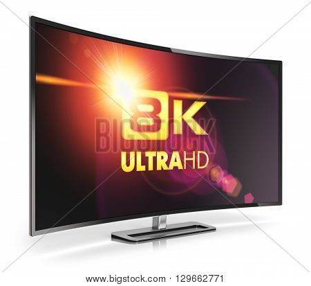 3D render illustration of curved 8K UltraHD resolution TV cinema or computer PC monitor display isolated on white background with reflection effect