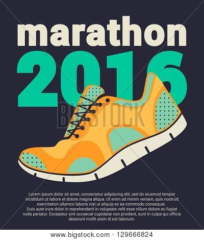 Marathon 2016. Running marathon poster. Colorful poster with running shoes ant text on black background. Flat design. Vector illustration.