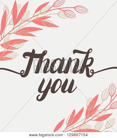 Thank you hand lettering with flowers and gold branches background for greeting card, poster. Vector illustration.