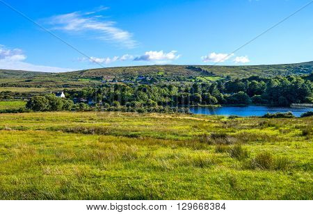 Ireland Calway county Connemara area landscape seen from the Kylemore abbey on the Pollacappul lake