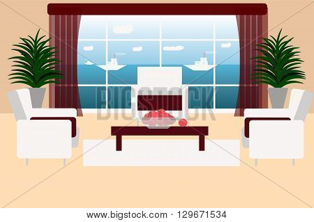 Large bright living room with sea views, yachts floating in the distance