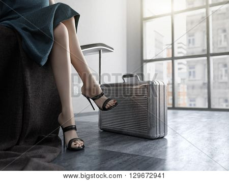 Long Woman Legs with metal case  concept backgrou