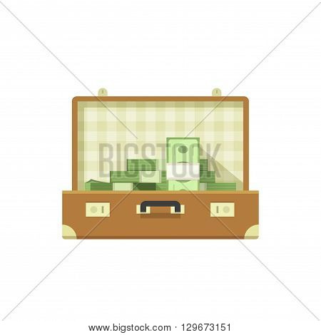 Leather suitcase open full of money vector illustration isolated on white background, suitcase money concept, suit case open, suitcase cash flat icon cartoon design
