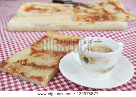 fast coffee espresso and pieces margherita pizza