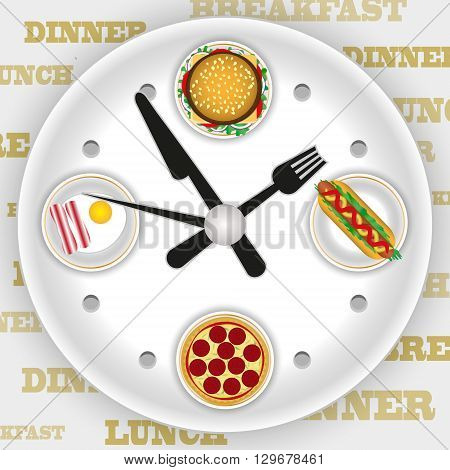 watch as a plate with scrambled eggs, a Burger, hot dog and pizza