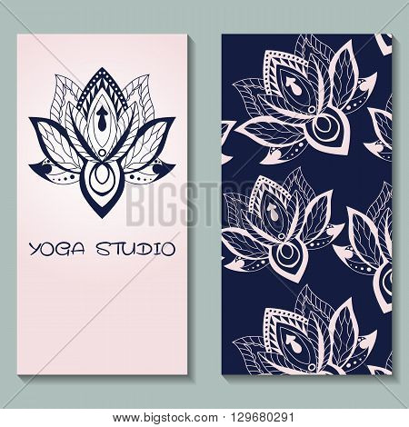 Cards template for yoga studio with lotuses. Yoga vertical vector banner. Business card template for yoga retreat can be used for Hinduism religious organization. vector illustration
