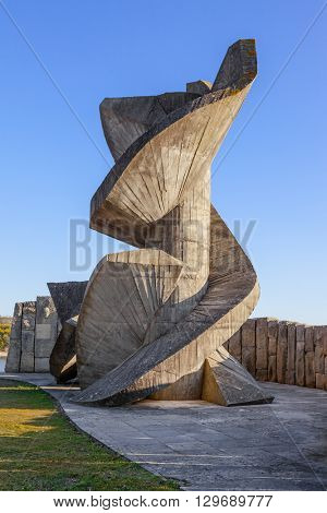 Castelo de Vide, Portugal. February 25, 2015: Monument to the Engineer Jose Custodio Nunes in the Povoas e Meadas Dam in Castelo de Vide, Portugal.