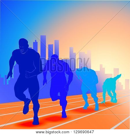 runner on start blue silhouette with city