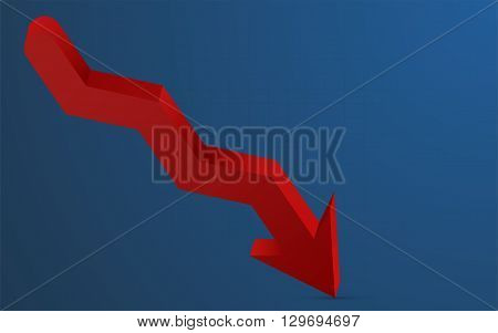 3D red arrow pointing down representing loss. 3D red arrow with shadow pointing down with blue gradient background and barely visible grid. Infographics element in shape of red arrow.