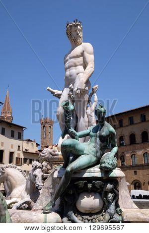 FLORENCE, ITALY - JUNE 05: Statue on the Fountain of Neptune on the Piazza della Signoria in Florence, Italy, on June 05, 2015