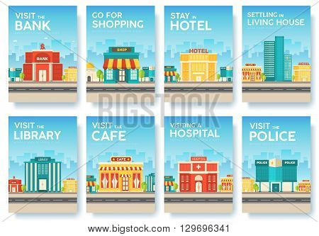 Building city information cards set. Architecture template of flyear, magazines, poster, book cover, banners. Construction infographic background. Layout illustrations modern pages with typography