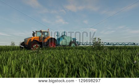 3d illustration of an orange tractor with spray fertilizer