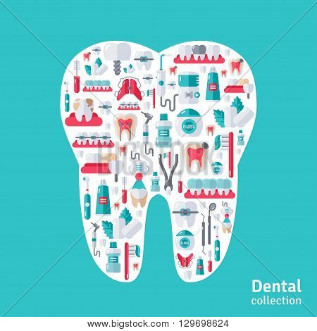 Tooth with dental icons inside. Vector illustration. Teeth Care, Orthodontics and Dentistry symbols.