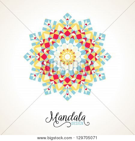 Vector illustration of a snowflake in variety of colors with Scandinavian, Nordic, Russian, Slavic motifs. Winter background for Christmas or New Year card. Bright abstract round geometric ornament