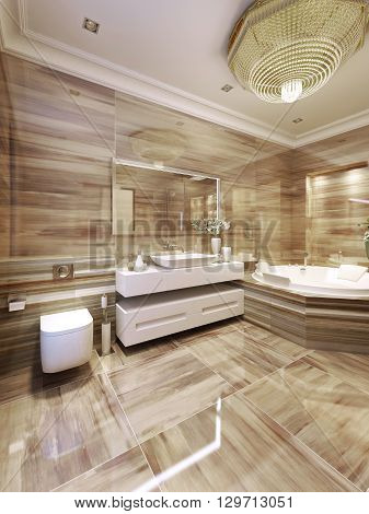 Modern bathroom with , tiled walls. 3d render