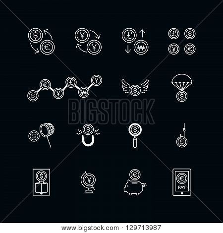 vector linear web icons set - business money currency coin concept collection of flat line design elements.