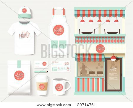 Vector restaurant cafe set shop front design flyer package t-shirt cap uniform and display design/ layout set of corporate identity mock up template.