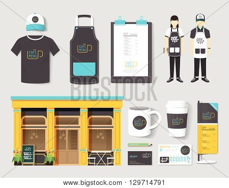 Vector restaurant cafe set shop front design flyer menu package t-shirt cap uniform and display design/ layout set of corporate identity mock up template.
