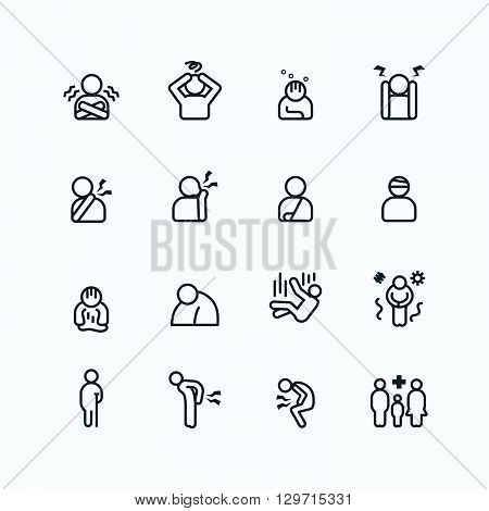sick and symptoms injuries silhouette icons flat line design vector set