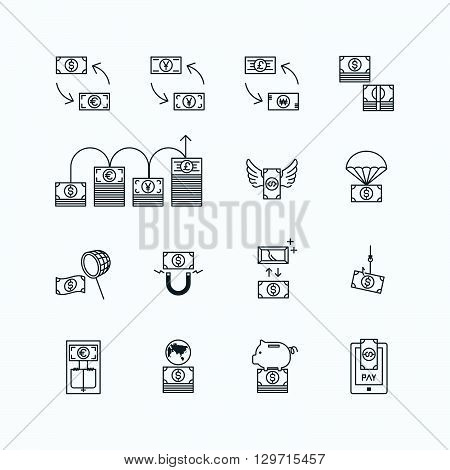 vector linear web icons set - business money currency bill concept collection of flat line design elements.