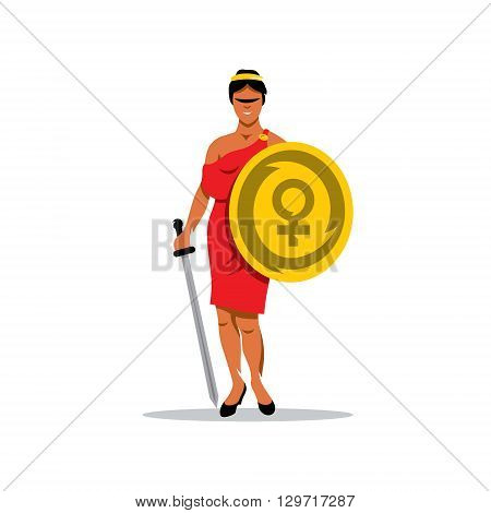 A woman with a shield and sword in a red dress isolated on a white background