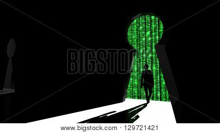 Elite hacker entering a room through a keyhole silhouette 3d illustration information security backdoor concept with green digital background matrix