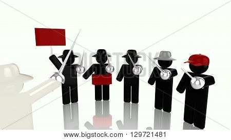 Different bad hacker hacktivistsuicide hackerblack hatgrey hat and script kiddie with rapier attacking one white hat 3D illustration