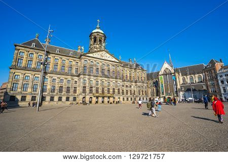 Amsterdam Netherlands - April 12 2016: The Royal Palace in Amsterdam is one of three palaces in the Netherlands which are at the disposal of the monarch by Act of Parliament.