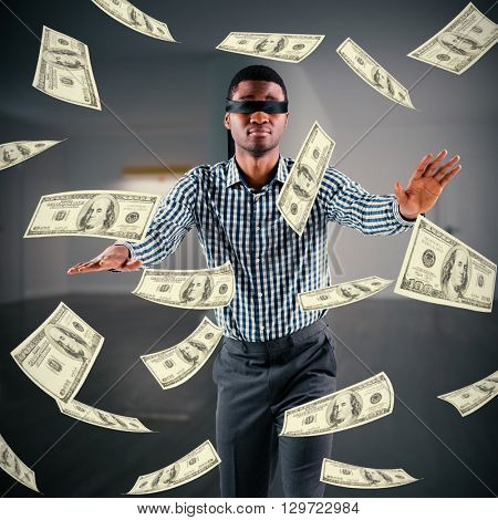 Blindfolded businessman with arms out against digitally generated room with window and doors