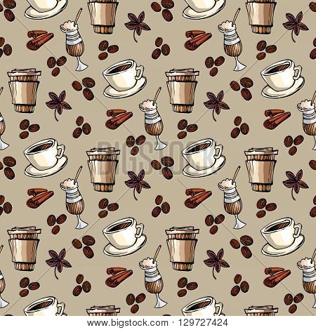 Seamless pattern background. Cup of hot espresso, coffee to go, coffee beans, cinnamon and banyan. For fabric packaging, wrapping paper, menu, coffee shop, cafeteria and restaurant interior design.
