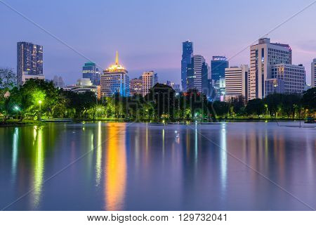 Bangkok Skyline At Dusk, Lumpini Park, Bangkok, Thailand