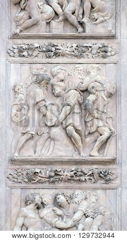 BOLOGNA, ITALY - JUNE 04: The cup hidden in Benjamin's sack by Antonio da Settignano, right door of San Petronio Basilica in Bologna, Italy, on June 04, 2015