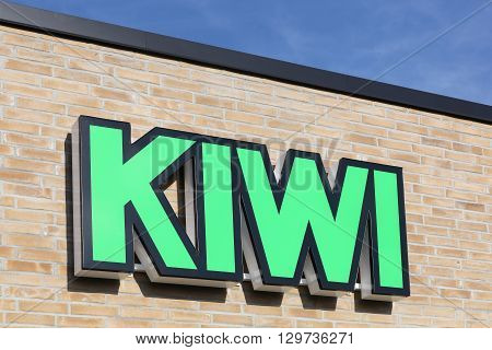Mailing, Denmark - May 13, 2016: Kiwi logo on a wall. Kiwi is a discount store chain in partnership with NorgesGruppen that has 630 retail outlets in Norway, and 102 in Denmark.