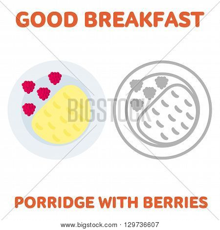 Vector flat and line icon oatmeal porridge with raspberries. Homemade crunchy granola. Hot and healthy breakfast diet food. Web design web icon food menu. Isolated on a white background.