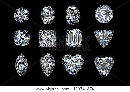 Diamond shapes on a Black background. 3d illustration
