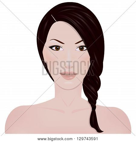 Beautiful girl with braided hair and bare shoulders, isolated on white background
