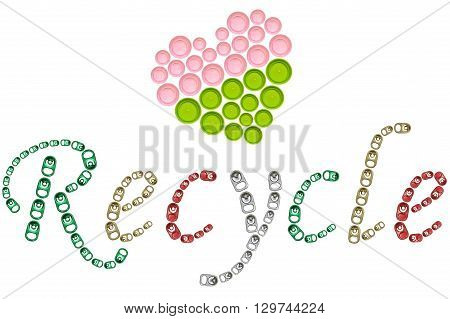 Recycle word from ring pull can and plastic screw cap heart shape