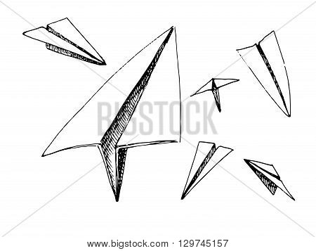 Paper planes set. Black and white vector stock illustration. Isolated on white background