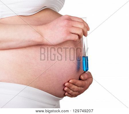 Pregnant woman with test tubes in hand resorted to IVF isolated on white background.