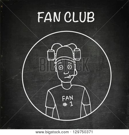 Fan with beer helmet. Sport, baseball, football, soccer. Chalk board vector stock illustration