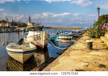 Fishing Boats In Port Of Sozopol  At Sunset