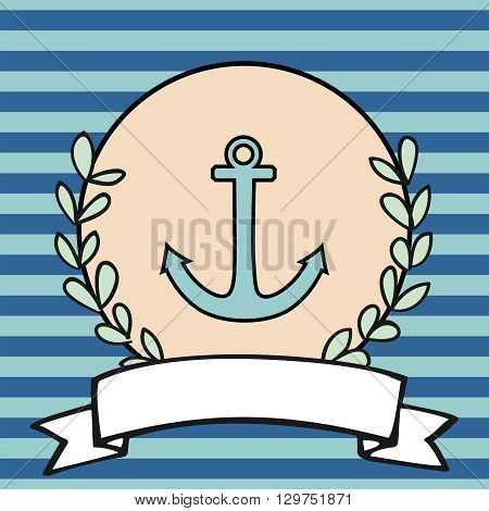 Nautical vector card or sailor invitation with anchor, pastel background and blue stripes