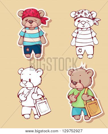 Vector set of funny cartoon bears isolated from a background. Monochrome and color version. Hand-drawn illustration.
