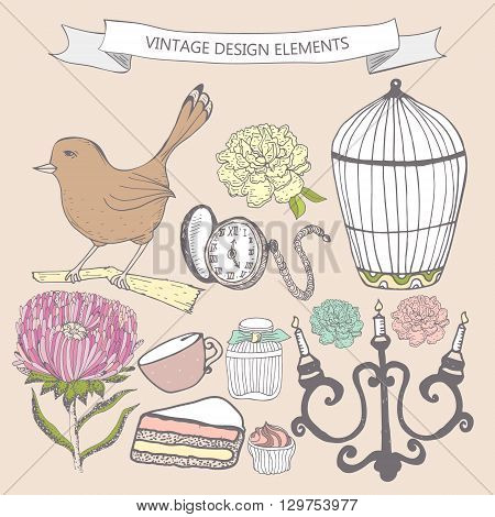 Collection of hand drawn vintage items. Perfume bottle aster cake cage bird pocket watch candlestick. Elements can be used separately or for greeting card invitation in retro style etc.